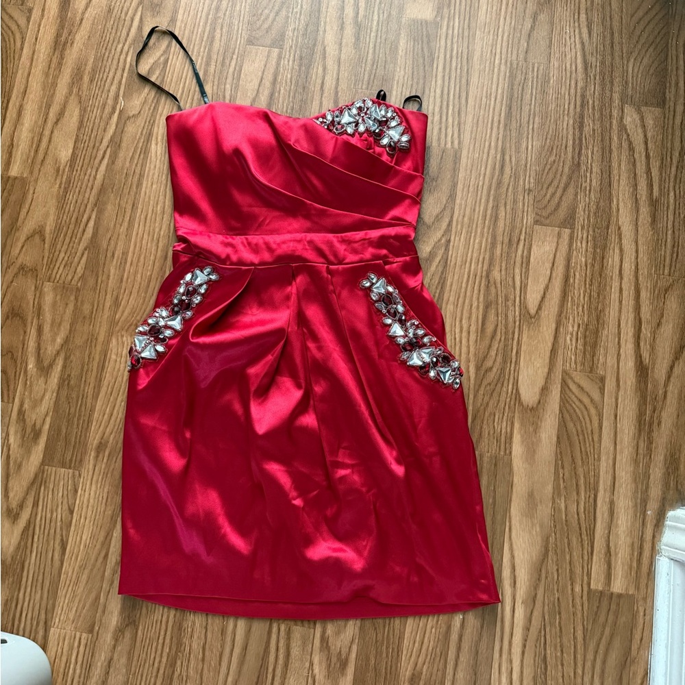 Red Strapless Dress with Floral Embellishments